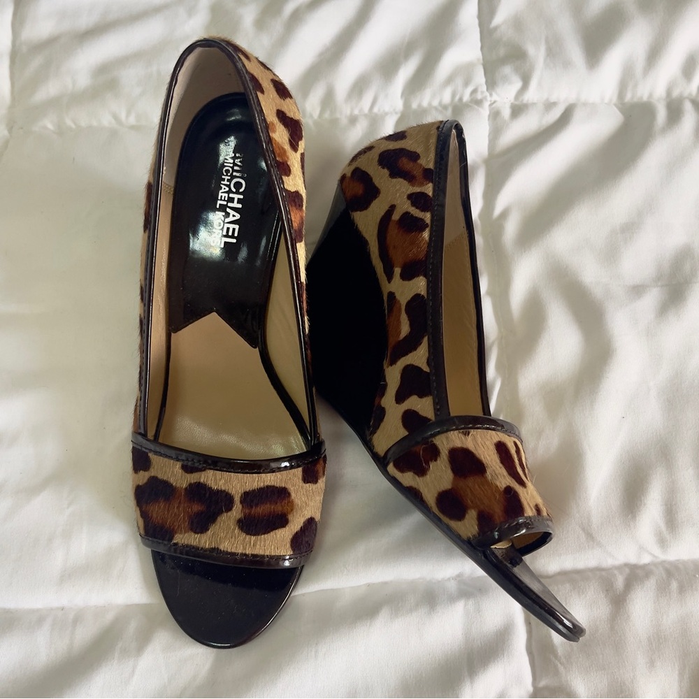 Michael Kors Leather Animal Print Patent Wedge Heels